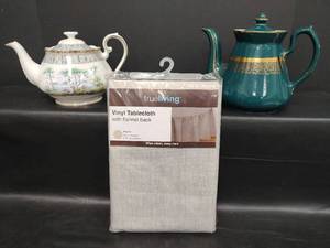 lot 381 image: Royal Albert Silver Birch Bone China Teapot, Teal Teapot with Gold Embellishments and 60 inch Round Vinyl Tablecloth
