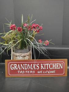 lot 382 image: Grandmas Kitchen Wooden Wall Sign and Wooden Bark Basket with Artificial Flowers