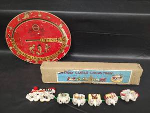 lot 384 image: Vtg Cress Educational Red Oval Board Toy and Birthday Candle Circus Train, Made in Japan