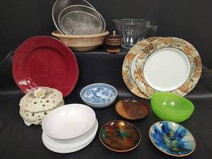 lot 388 image: Mixed Kitchenware Collection- Wooden Bowl, Strainers, Corelle Plates with Fall Leaves and More