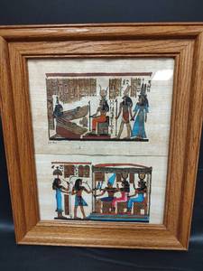 lot 389 image: Framed Egyptian Papyrus Art Scenes