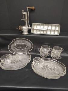 lot 398 image: Mid-Century Glass Snack Set with Leaf Pattern, Seven Plates with Eight Glass Cups, VTG Sausage Grinder and Quickube Metal Ice Tray