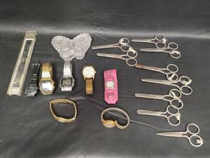 lot 403 image: Mixed Lot - Mens and Womens Watches, Butterfly Glass Trinket Box and Assorted Scissors