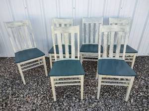 lot 420 image: Distressed Ladder Back Dining Chairs with Dark Green Seats and Weathered Finish