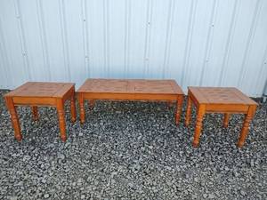 lot 423 image: Nested Pine Look Coffee Table and End Tables Set