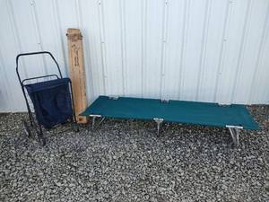 lot 429 image: Assured Lot - Green Camping Cot, GE F32T8 Fluorescent Light Bulb Package of 36 and GroceryLaundry Cart