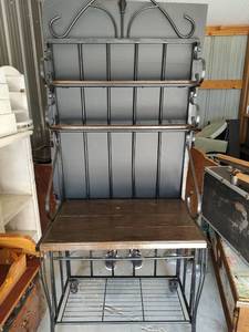 lot 439 image: Wrought Iron Bakers Rack with Wood Shelves
