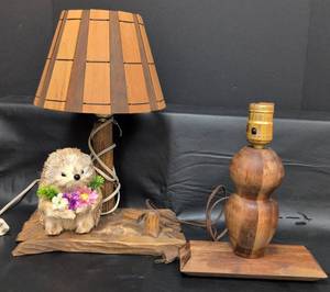lot 450 image: Handcrafted Wooden Hedgehog Table Lamp and Wooden Lamp