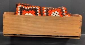 lot 454 image: 1970s Granny Square Afghan in Wooden Fruit Crate