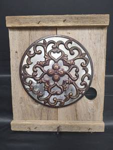 lot 491 image: Decorative Metal Wall Art with Floral Scrollwork on Rustic Wood, 14 12 x 17