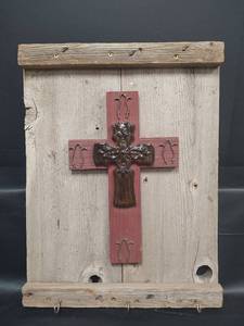 lot 493 image: Decorative Rustic Wood Wall Cross with Metal Accents, 14 12 x 18 12