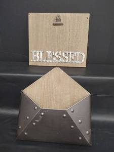 lot 497 image: Rustic Blessed Wall Sign with Metal Letter Holder and Metal Envelope Shaped Letter Holder