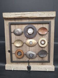 lot 499 image: Mixed Metal Display on Rustic Wood, 14 12 x 16 34