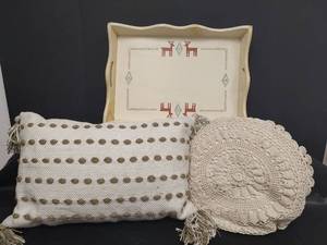 lot 507 image: Nordic Style Wooden Tray 19 12 x 14 with Decorative Pillows