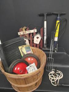 lot 508 image: Assorted Lot - Bushel Basket, Tire Pumps, Hooks and More