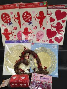 lot 528 image: Vintage Valentines Day Window Cling Stickers, Confetti and More