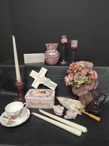 lot 540 image: Elegant Collection Featuring Swirled Glass Vase, Amethyst Color Candle Holders, Lace Parasol and More