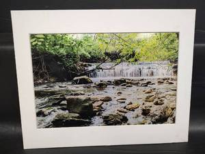 lot 543 image: Serene Waterfall Holographic Print with Lush Green Foliage. Mounted on White Mat, 14 x 11