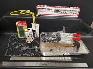 lot 555 image: Assorted Lot - NIB Non-Glare Panoramic Rear View Mirror Kit, Bungee Cords, Metal Rulers and More