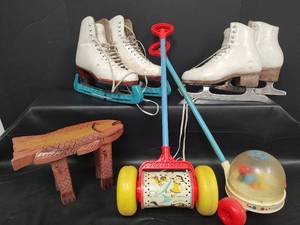 lot 571 image: Vintage 1960s Fisher Price Push Toys, Ice Skates and Fish Stool