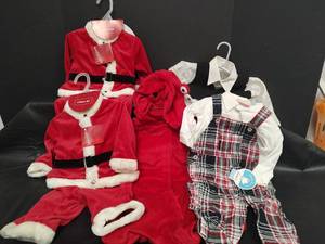 lot 576 image: Baby Clothes 3 - 6 months - Two Santa Outfits, Lobster costume, Carters Plaid Snap Crotch Jumper and Shirt and Black Vest and White Shirt