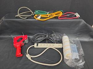 lot 586 image: Red Tape Dispenser with Power Strip and Bungee Cords