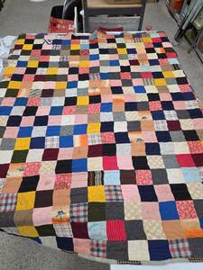 lot 593 image: Handcrafted Patchwork Quilt with Floral Accents- Some staining