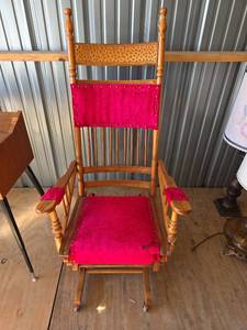 lot 804 image: Victorian Style Wooden Rocking Chair with Red Velvet Upholstery and Cast Iron Hinges