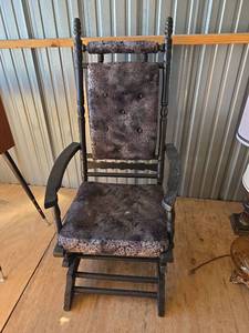 lot 805 image: Victorian Era Wooden Rocking Chair with Damask Upholstery- needs tlc and tightening