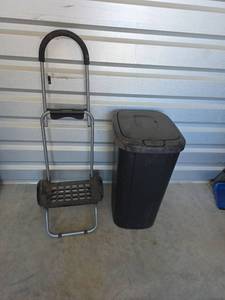 lot 841 image: Trash Can with Lid and Luggage Cart