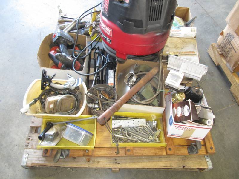 lot 188 image: Pallet Full Misc. Hardware , Husky Air Compressor , Tools Grease guns.(SHOP TOOLS)
