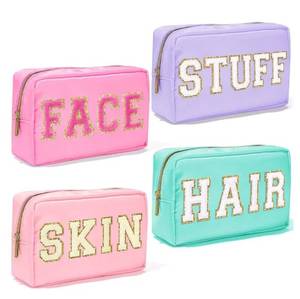 lot 5017 image: 4 Pcs Nylon Makeup Bag Preppy Cosmetic Bag Chenille Letter Stuff Pouch Travel Toiletry Bag Organizer Waterproof Hair Bag with Patches Bulk for Women(SKIN STUFF HAIR FACE)