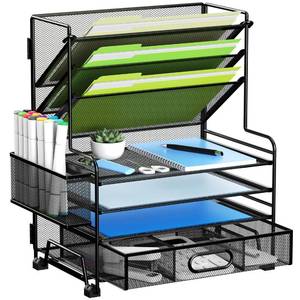 lot 6128 image: MINDEPOT 4-Tier Paper Organizer  3-Pocket File Holder  Drawer  Pen Holders, Desktop File Organizers Paper Tray for Office Accessories School Classroom Organization (Black)
