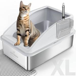 lot 6138 image: Stainless Steel Litter Box  XL Enclosed Cat Litter Boxs with Lid for Big Cats  High Sided, Anti-Urine Leakage  Non-Stick Bottom & Includes Litter Mat & Metal Scoop