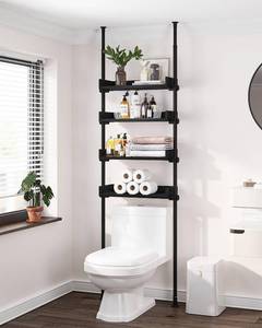 lot 6140 image: ALLZONE 4 Tier Over The Toilet Storage, Adjustable Wood Over Toilet Bathroom Organizer, Freestanding Shelves, Fit Most Showers Over The Toilet Shelf, 92 to 116 Inch Tall, Black