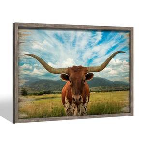 lot 6143 image: Farmhouse Wall Art Cow Picture Framed Longhorn Animal Painting Wooden Western Bull Print Rustic Farm Artwork Decor for Kitchen Bedroom Living Room 24 x16�