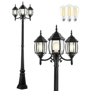 lot 65455 image: PARTPHONER Outdoor Lamp Post Light 3-Head, Classic Black with Clear Glass Panels, E26 Base Maximum 100W (3 LED Bulbs Included), Waterproof Street Light for Backyard, Garden, Driveway
