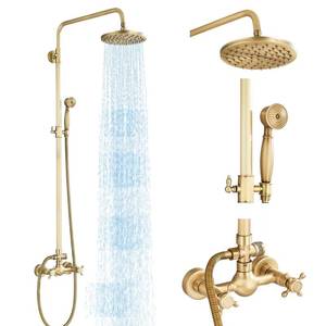 lot 65459 image: MOSSON Antique Brass Shower System Bathroom Shower Faucet Set with 8 Inch Rainfall Shower Head Handheld Spray 2 Cross Handles Wall Mounted Outdoor Shower Fixtures Solid Brass - Retail $115.99