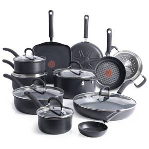 lot 65480 image: T-Fal Ultimate Hard Anodized Nonstick Cookware Set 17 Piece, Nonstick Pots and Pans Set with Fry Pan, Saucepans, Saute-Pan, Griddle, Dishwasher Safe, Black - Retail $269.99
