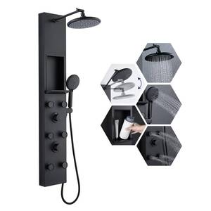 lot 65483 image: ROVATE Shower Panel Tower System with Shelf, Adjustable Shower Arm, Matte Black Shower Tower with 6 Body Jets, Self-Cleaning Rainfall Shower Head &amp Handheld, Powerful Shower Column Stainless Steel - Retail $195.99