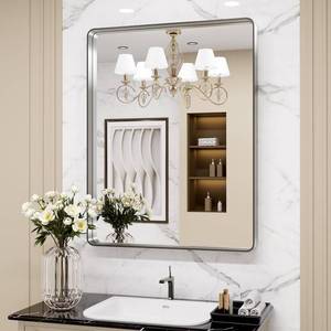 lot 68194 image: LOAAO 22X30 Inch Brushed Nickel Bathroom Mirror, Rounded Rectangle Silver Metal Frame Mirror, Brushed Nickel, Anti-Rust, Hangs Horizontally or Vertically