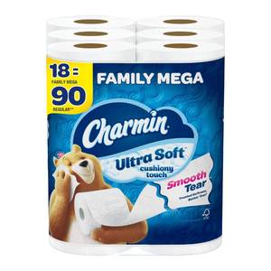 lot 68201 image: Charmin Ultra Soft Cushiony Touch Toilet Paper, 18 Family Mega Rolls  90 Regular Rolls