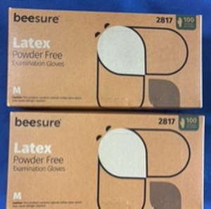 lot 1037 image: Beesure Latex Power Free Examination Gloves 2817. 2 boxes.