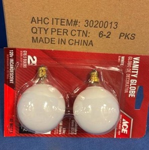 lot 1069 image: White Vanity Globe Light Bulbs - 2 Pack, 6 packs per lot.