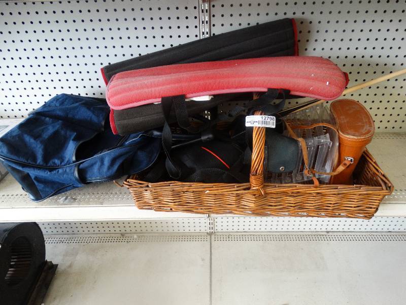 lot 12798 image: Lot of misc. Wicker basket, binocular cases