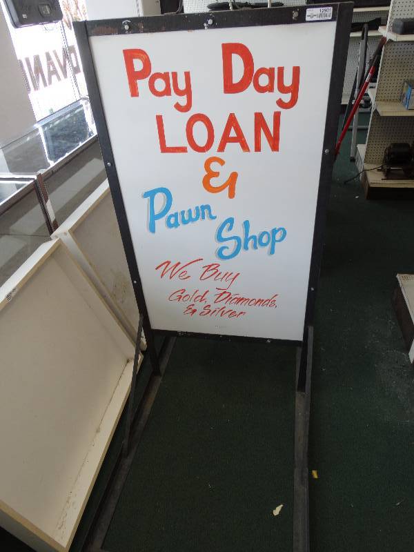 lot 12901 image: Portable store front sign on wheels 5ft tall 30 inches wide