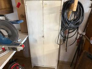 lot 1208 image: ANTIQUE METAL UTILITY CABINET AND CONTENTS (TOOLS IN FIRE) ------GNW