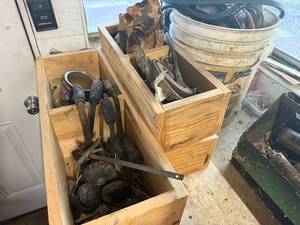 lot 1232 image: WOOD STORAGE BOXES, CHARRED BRACE, BUCKET OF MISC------------GWW