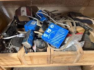 lot 1241 image: 4 WOOD STORAGE BOXES, MISC ELECTRICAL SHOP ITEMS