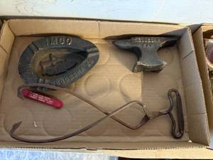 lot 1251 image: FLAT WITH MINI ANVIL, ICE TONGS, IMCO ASH TRAY NEODESHA, KS, KNIFE